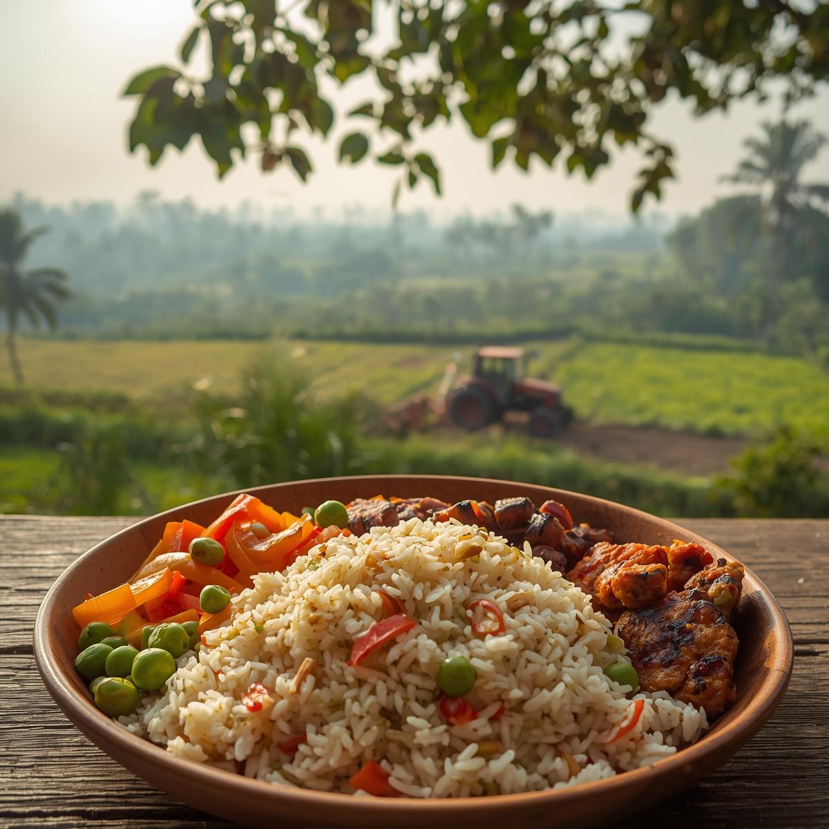 Arroz basmati servido en un plato de madera con verduras y un fondo campestre