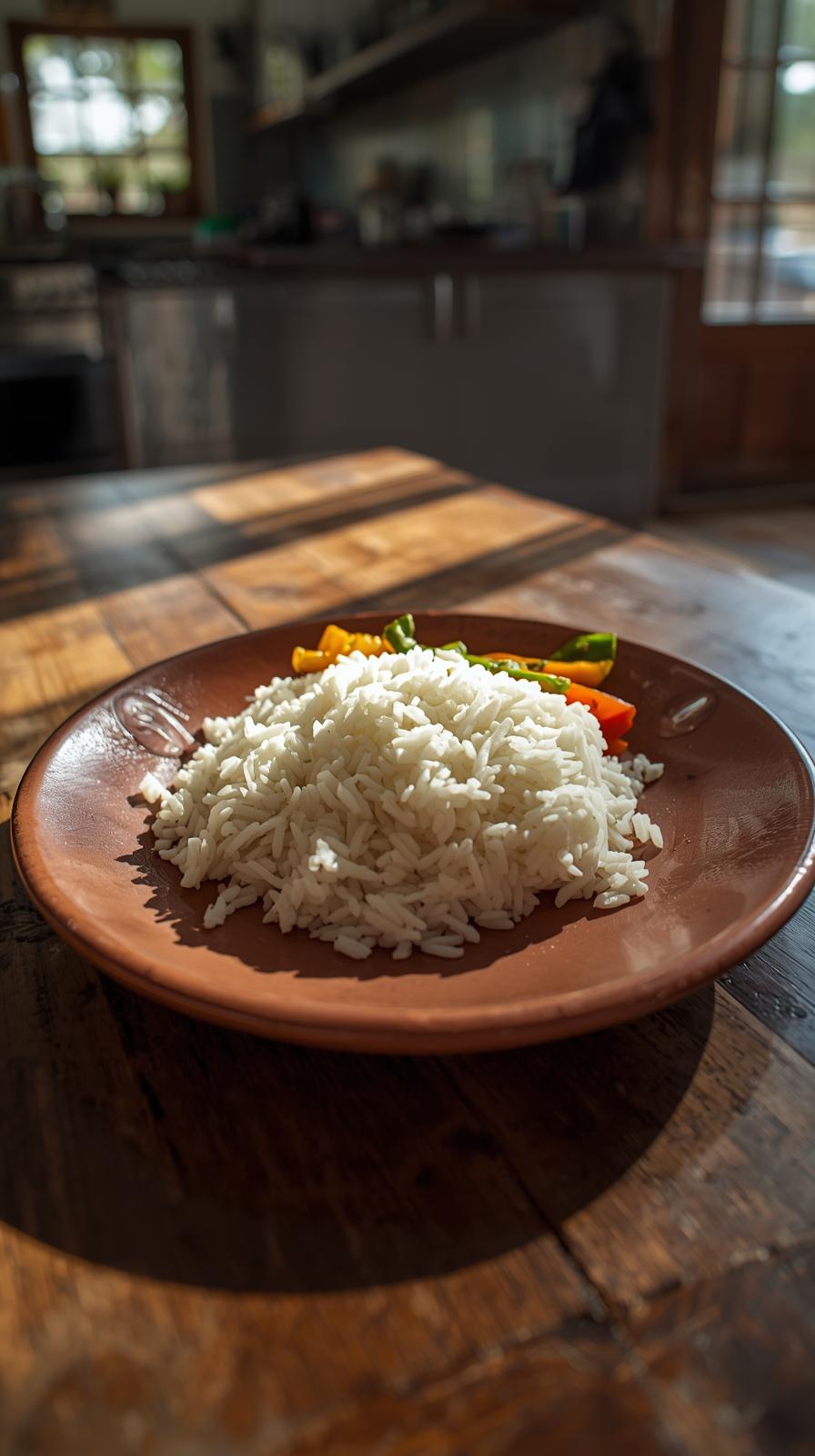 Arroz basmati servido en un plato rústico en una cocina