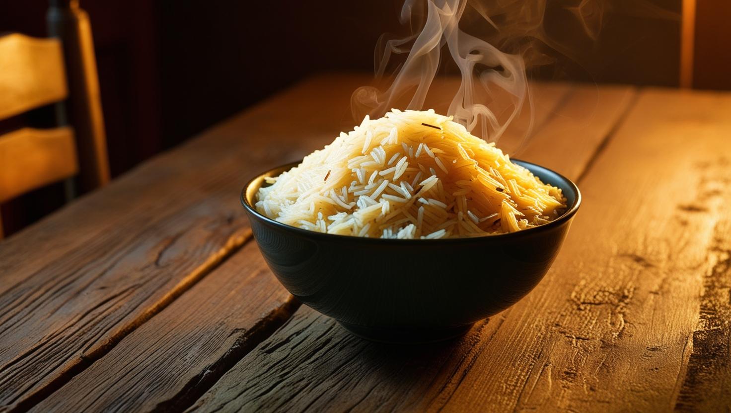 arroz basmati sobre una mesa rustica